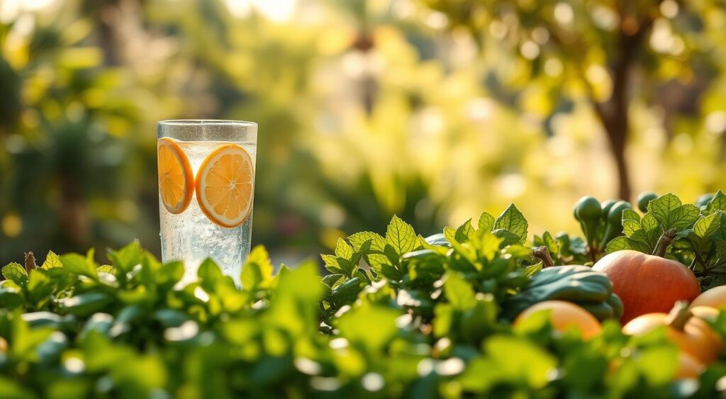 A serene landscape with a lush, verdant foreground showcasing a variety of fresh, vibrant produce. In the middle ground, a glass of crystal-clear water with sliced citrus fruits, symbolizing hydration. The background features a soft, blurred scene of a sun-dappled garden, conveying a sense of natural balance and well-being. The lighting is warm and inviting, creating a calming, rejuvenating atmosphere. Captured with a wide-angle lens to emphasize the harmonious integration of healthy food and lifestyle. Hidratação adequada para uma pele radiante