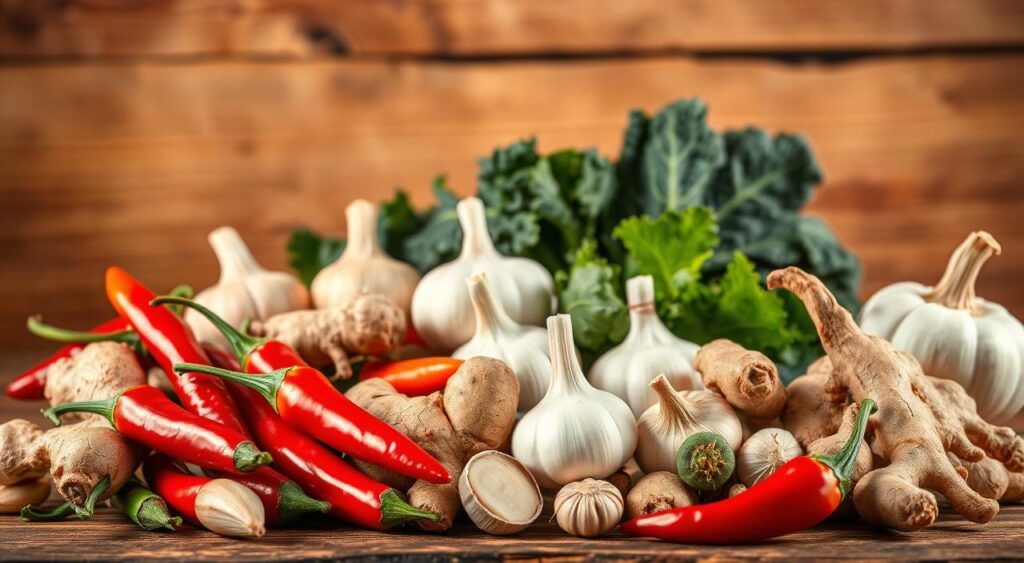 A vibrant, appetizing still life depicting a variety of thermogenic foods against a warm, natural background. In the foreground, a selection of chili peppers, ginger roots, and garlic cloves are arranged artfully, their rich colors and textures drawing the eye. In the middle ground, a mix of green leafy vegetables, like kale and spinach, are presented in an elegant manner. The background features a rustic, wooden surface with hints of natural lighting, creating a cozy, earthy atmosphere. The overall scene conveys a sense of health, vitality, and the power of metabolism-boosting ingredients. A vibrant, appetizing still life depicting a variety of thermogenic foods against a warm, natural background. In the foreground, a selection of chili peppers, ginger roots, and garlic cloves are arranged artfully, their rich colors and textures drawing the eye. In the middle ground, a mix of green leafy vegetables, like kale and spinach, are presented in an elegant manner. The background features a rustic, wooden surface with hints of natural lighting, creating a cozy, earthy atmosphere. The overall scene conveys a sense of health, vitality, and the power of metabolism-boosting ingredients.