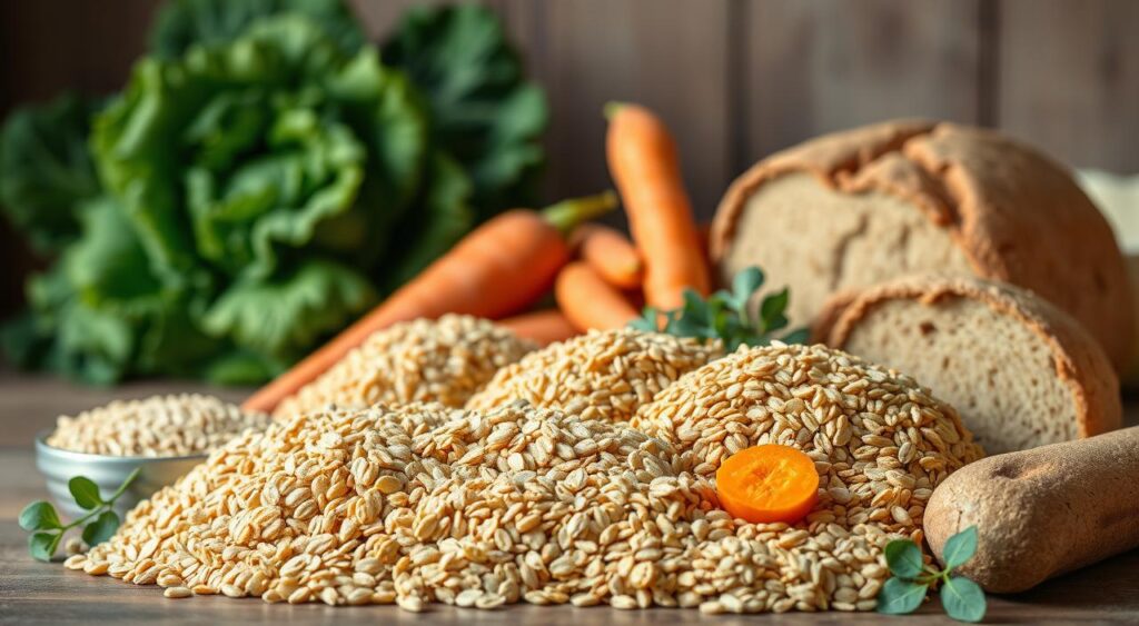 A vibrant still life showcasing a diverse array of complex carbohydrates. In the foreground, a bountiful arrangement of whole grain breads, quinoa, oats, and brown rice, their earthy tones and textures contrasting beautifully. In the middle ground, vibrant root vegetables like sweet potatoes and carrots, their natural sugars providing sustained energy. In the background, a backdrop of lush greenery, perhaps a leafy kale or spinach, symbolizing the nourishing, fiber-rich nature of complex carbs. Soft, natural lighting casts a warm glow, highlighting the wholesome, health-promoting qualities of these complex carbohydrate-rich foods. Crisp focus and a clean, minimalist composition emphasize the simplicity and power of these metabolic-boosting ingredients. A vibrant still life showcasing a diverse array of complex carbohydrates. In the foreground, a bountiful arrangement of whole grain breads, quinoa, oats, and brown rice, their earthy tones and textures contrasting beautifully. In the middle ground, vibrant root vegetables like sweet potatoes and carrots, their natural sugars providing sustained energy. In the background, a backdrop of lush greenery, perhaps a leafy kale or spinach, symbolizing the nourishing, fiber-rich nature of complex carbs. Soft, natural lighting casts a warm glow, highlighting the wholesome, health-promoting qualities of these complex carbohydrate-rich foods. Crisp focus and a clean, minimalist composition emphasize the simplicity and power of these metabolic-boosting ingredients.