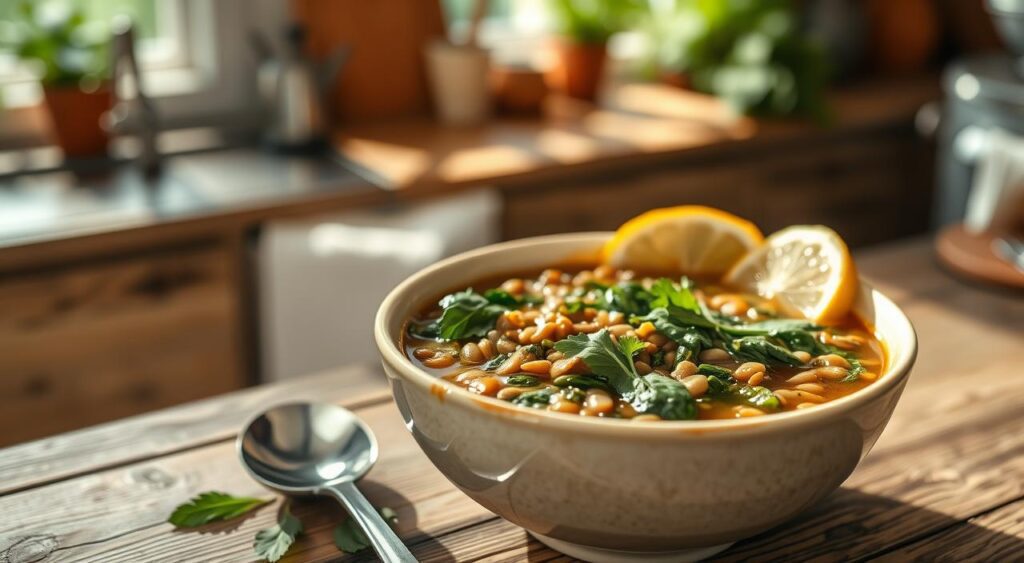 Sopa de lentilha com espinafre